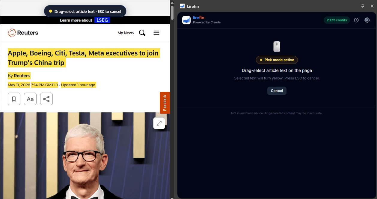 Reuters article with highlighted text drag-select and Lirefin side panel showing "Pick mode active"