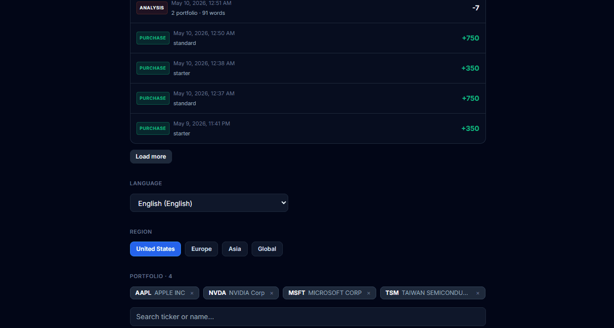 Lirefin settings with language picker, region, portfolio ticker tags, and recent activity rows